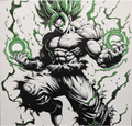 Framed 3D layered art piece featuring a highly detailed illustration of an extremely muscular anime warrior character with wild spiky hair screaming in rage, accented by swirling glowing green power rings against a light background.