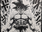 Framed 3D layered art piece featuring a highly detailed grayscale manga-style portrait of a muscular anime warrior hero with spiky hair and an intense expression, set against a background of dynamic comic panel action lines.