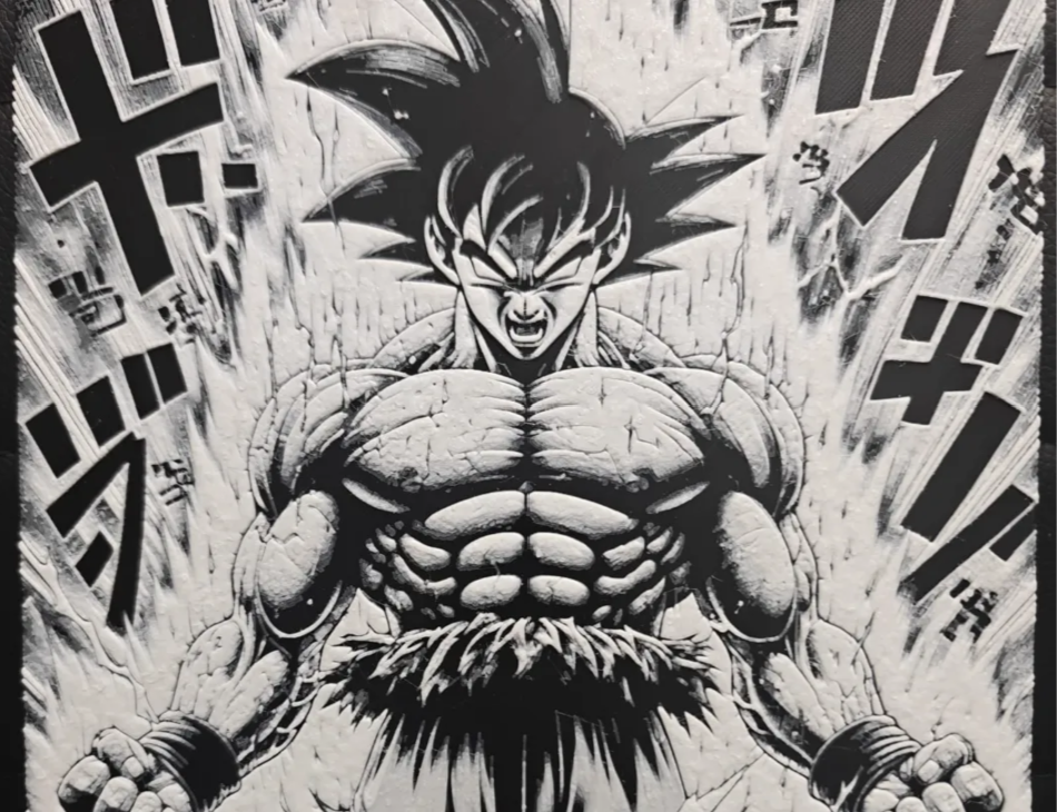Framed 3D layered art piece featuring a highly detailed grayscale manga-style portrait of a muscular anime warrior hero with spiky hair and an intense expression, set against a background of dynamic comic panel action lines.