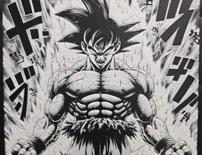 Framed 3D layered art piece featuring a highly detailed grayscale manga-style portrait of a muscular anime warrior hero with spiky hair and an intense expression, set against a background of dynamic comic panel action lines.