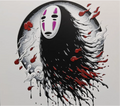 Framed 3D layered art piece featuring a stylized illustration of a black shadow spirit wearing a white expressionless mask, surrounded by dynamic red and black streak details on a light background.