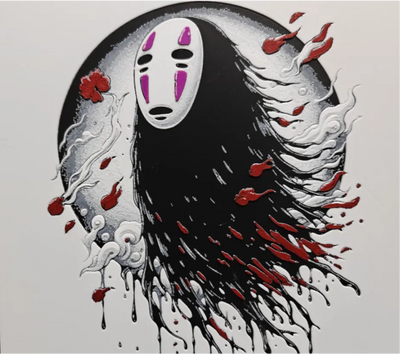 Framed 3D layered art piece featuring a stylized illustration of a black shadow spirit wearing a white expressionless mask, surrounded by dynamic red and black streak details on a light background.