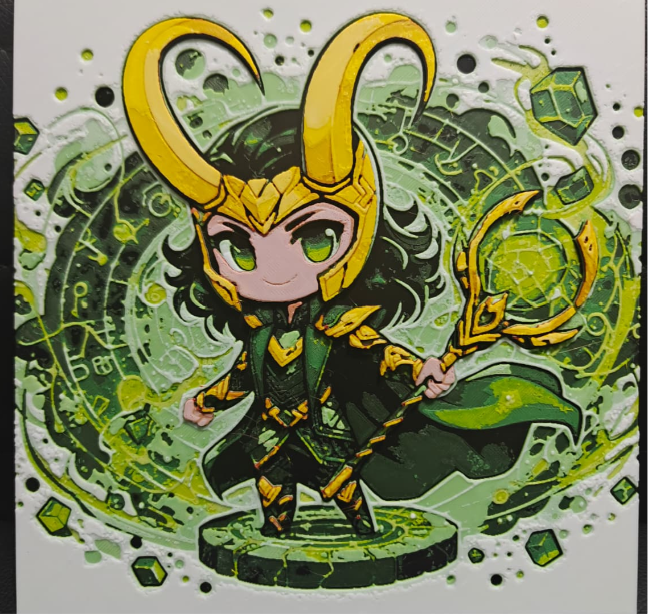 Framed 3D layered art piece featuring a cute chibi illustration of a mischief god character wearing a golden horned helmet and green armor, holding a magical scepter with a glowing green orb in front of a swirling green magic circle against a light background.