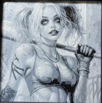 Framed 3D layered art piece featuring a monochrome sketch-style portrait of a popular comic book villainess with pigtails holding a baseball bat, displayed inside a deep black frame.