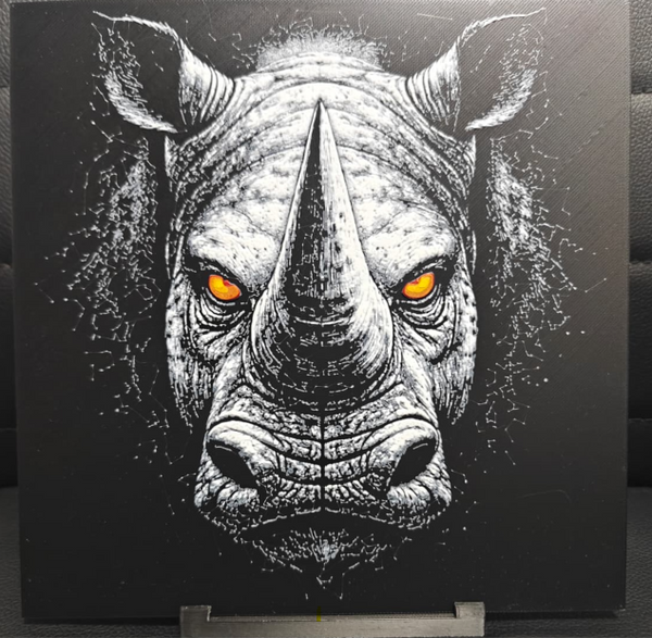 Framed 3D layered art piece featuring a high-contrast monochrome illustration of a sleek robotic or geometric beast head with a fierce expression on a dark background.