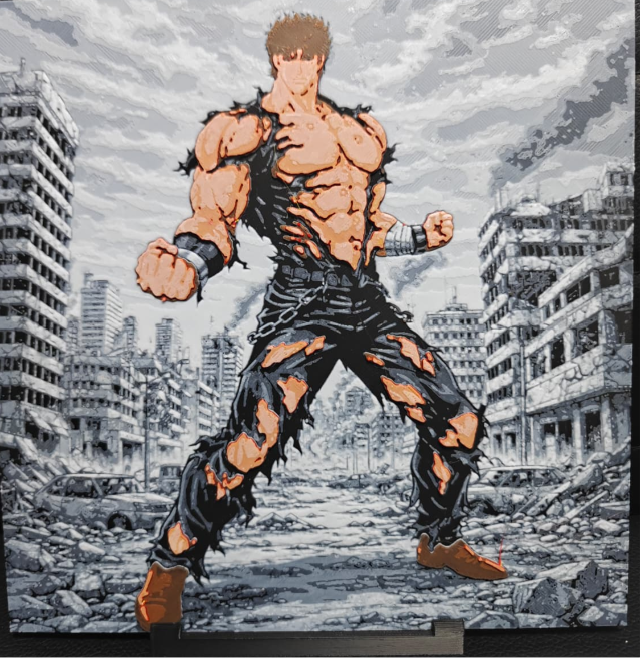 Framed 3D layered art piece featuring a dynamic illustration of a muscular anime warrior character with spiky dark hair, standing in a powerful martial arts stance against a light background.