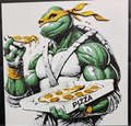 Framed 3D layered art piece featuring a fun illustration of an anthropomorphic green ninja turtle character wearing an orange bandana, happily holding a slice and a box of hot pizza against a light background with ink splatters.