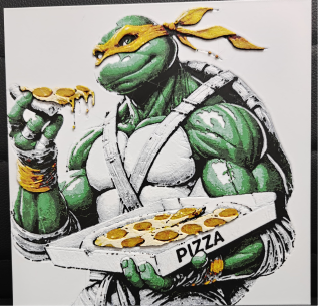 Framed 3D layered art piece featuring a fun illustration of an anthropomorphic green ninja turtle character wearing an orange bandana, happily holding a slice and a box of hot pizza against a light background with ink splatters.