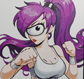 Framed 3D layered art piece featuring a dynamic illustration of a sci-fi cartoon woman character with a single large eye and long purple hair in a ponytail, wearing a white sports top and wrist guards while posing in a determined fighting stance against a white background.