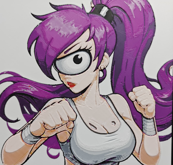 Framed 3D layered art piece featuring a dynamic illustration of a sci-fi cartoon woman character with a single large eye and long purple hair in a ponytail, wearing a white sports top and wrist guards while posing in a determined fighting stance against a white background.