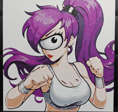 Framed 3D layered art piece featuring a dynamic illustration of a sci-fi cartoon woman character with a single large eye and long purple hair in a ponytail, wearing a white sports top and wrist guards while posing in a determined fighting stance against a white background.