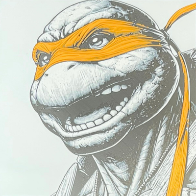 Framed 3D layered art piece featuring a detailed, stylized portrait of a smiling green turtle wearing an orange eye bandana against a neutral background.