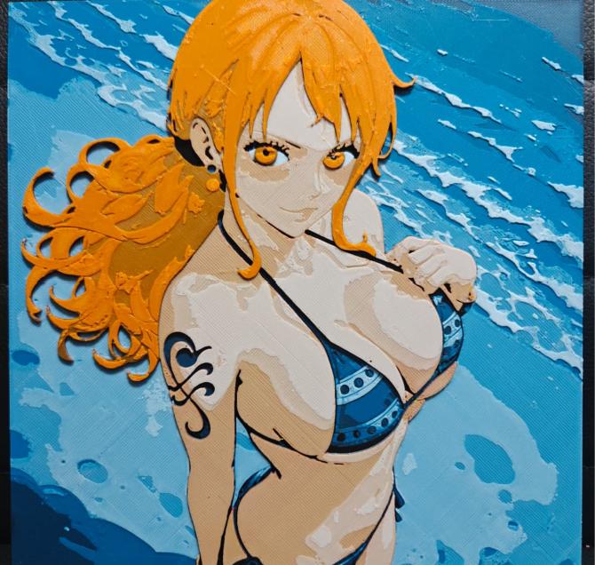 Framed 3D layered art piece featuring an illustration of a popular orange-haired female anime character wearing a blue and white bikini top, looking over her shoulder against a bright blue sky background.