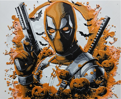 Orange mask mercenary framed layered 3D art with orange and black contrast