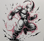 Framed 3D layered art piece featuring a detailed illustration of a sinister, muscular pink anime villain character with a head appendage, grinning maliciously amidst a chaotic aura of pink and dark energy splatters.
