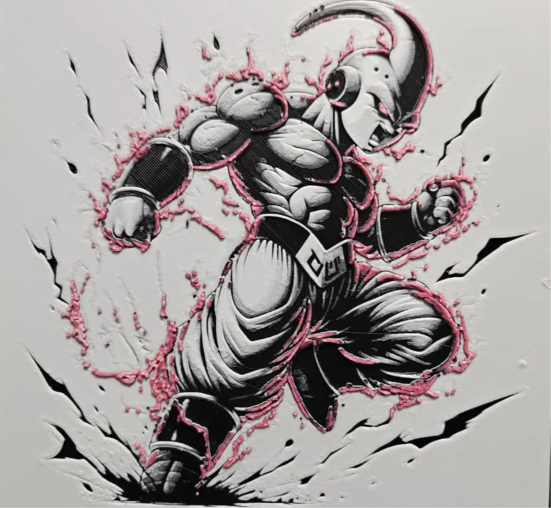 Framed 3D layered art piece featuring a detailed illustration of a sinister, muscular pink anime villain character with a head appendage, grinning maliciously amidst a chaotic aura of pink and dark energy splatters.