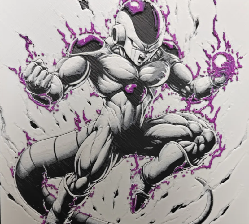 Purple energy fighter framed layered 3D art with bold purple energy accents
