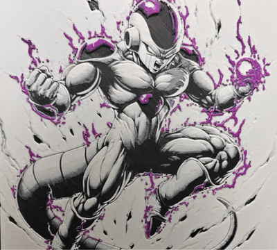 Purple energy fighter framed layered 3D art with bold purple energy accents