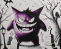 Purple shadow monster framed layered 3D art with spooky black and white contrast