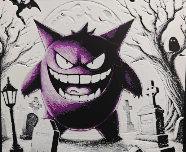 Purple shadow monster framed layered 3D art with spooky black and white contrast