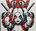 Red black jester framed layered 3D art with twin swords and blue accents