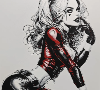 Framed 3D layered art piece featuring a highly detailed comic-style portrait of a jester girl with blonde pigtails, wearing a glossy red and black outfit, looking over her shoulder.