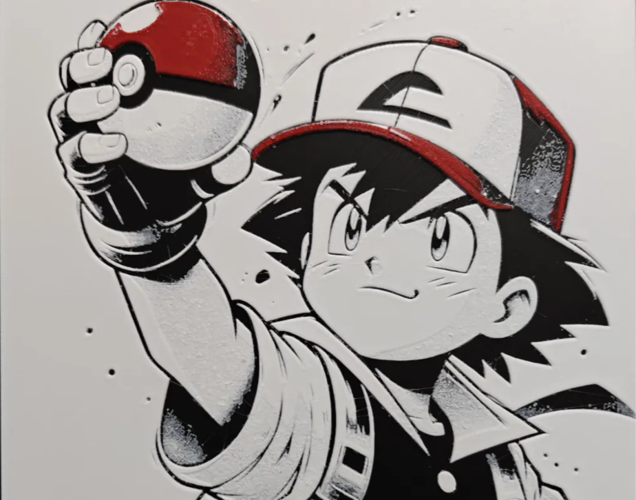 Red cap monster trainer framed layered 3D art with red accent detail
