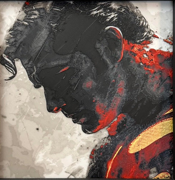 Framed 3D layered art piece featuring a red cape hero in grayscale with red color accents.