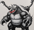 Red tongue claw monster framed layered 3D art with black and white contrast