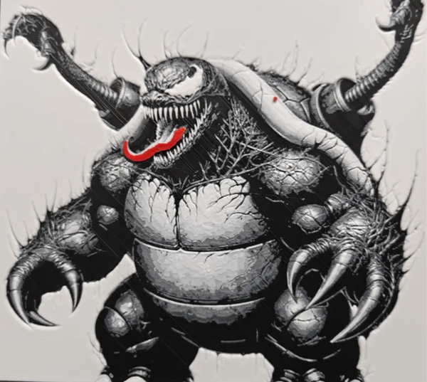 Red tongue claw monster framed layered 3D art with black and white contrast