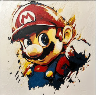 Framed 3D layered art piece featuring retro plumber hero layered art in red and blue palette