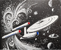Retro space ship framed layered 3D art with planets and stars