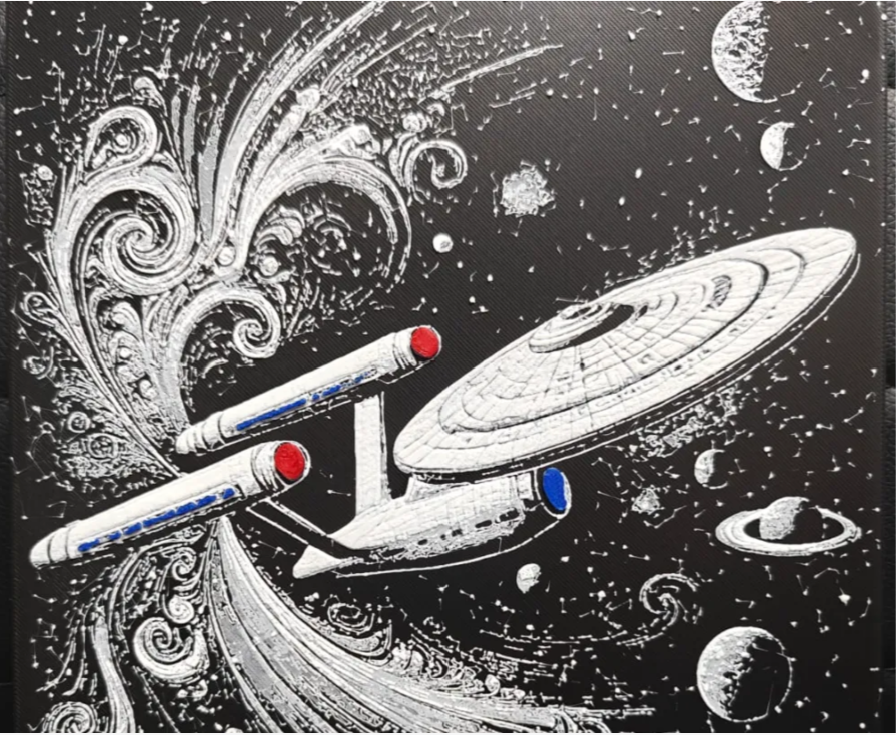 Retro space ship framed layered 3D art with planets and stars