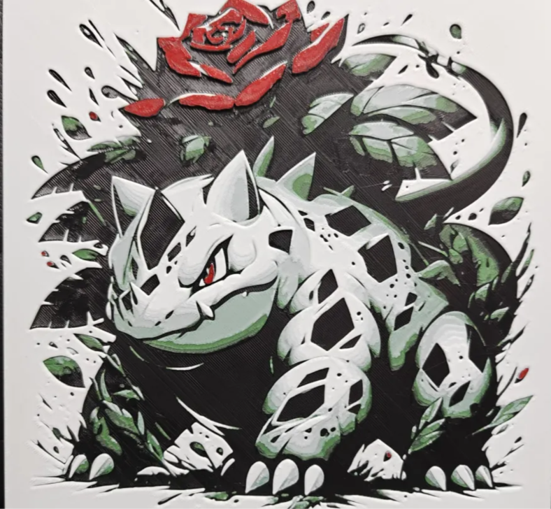 Rose dragon monster framed layered 3D art with red rose accents