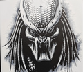 Framed 3D layered art piece featuring a highly detailed grayscale illustration of an iconic sci-fi alien hunter with metallic dreadlocks and a menacing bio-mask helmet showing open mandibles.