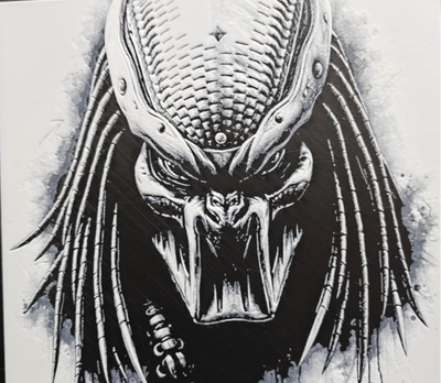 Framed 3D layered art piece featuring a highly detailed grayscale illustration of an iconic sci-fi alien hunter with metallic dreadlocks and a menacing bio-mask helmet showing open mandibles.
