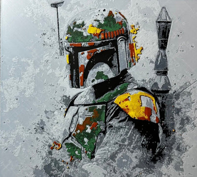 Framed 3D layered art piece featuring a sci-fi bounty hunter with mild color accents.