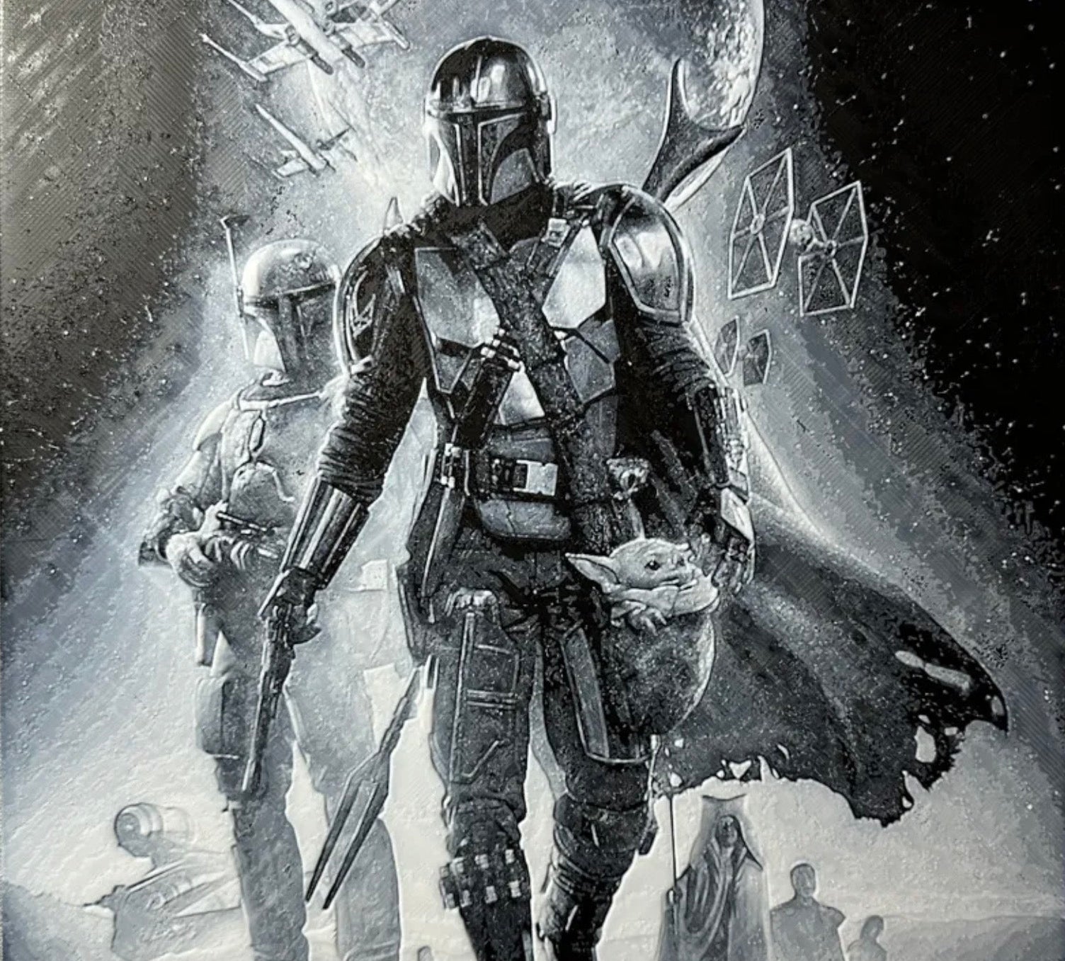 Framed 3D layered art piece featuring a sci-fi bounty hunter in grayscale.