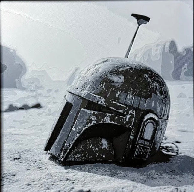 Framed 3D layered art piece featuring a sci-fi bounty hunter helmet in grayscale.