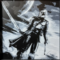 Framed 3D layered art piece featuring sci-fi bounty hunter saber in grayscale palette in a black frame