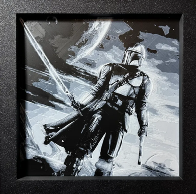 Framed 3D layered art piece featuring sci-fi bounty hunter saber in grayscale palette in a black frame