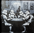 Framed 3D layered art piece featuring sci-fi troopers playing cards layered art in grayscale palette in a black frame