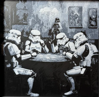 Framed 3D layered art piece featuring sci-fi troopers playing cards layered art in grayscale palette in a black frame