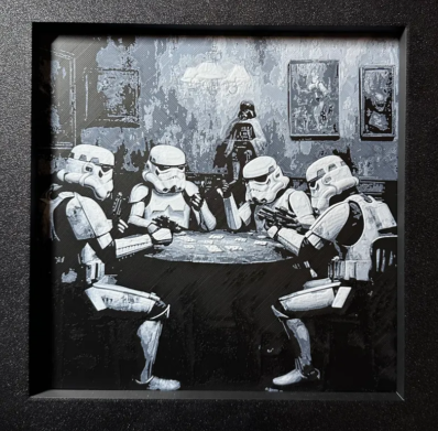 Framed 3D layered art piece featuring sci-fi troopers playing cards layered art in grayscale palette in a black frame
