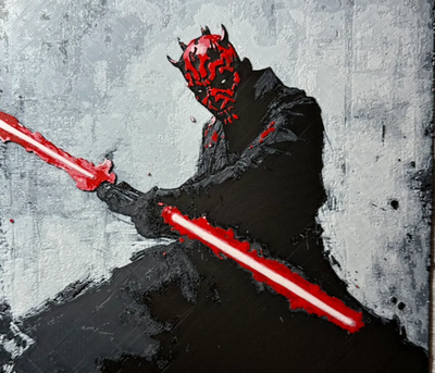 Framed 3D layered art piece featuring Dark sci-fi saber layered art in grayscale and red palette