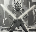 Framed 3D layered art piece featuring a sci-fi dual saber warrior in grayscale.