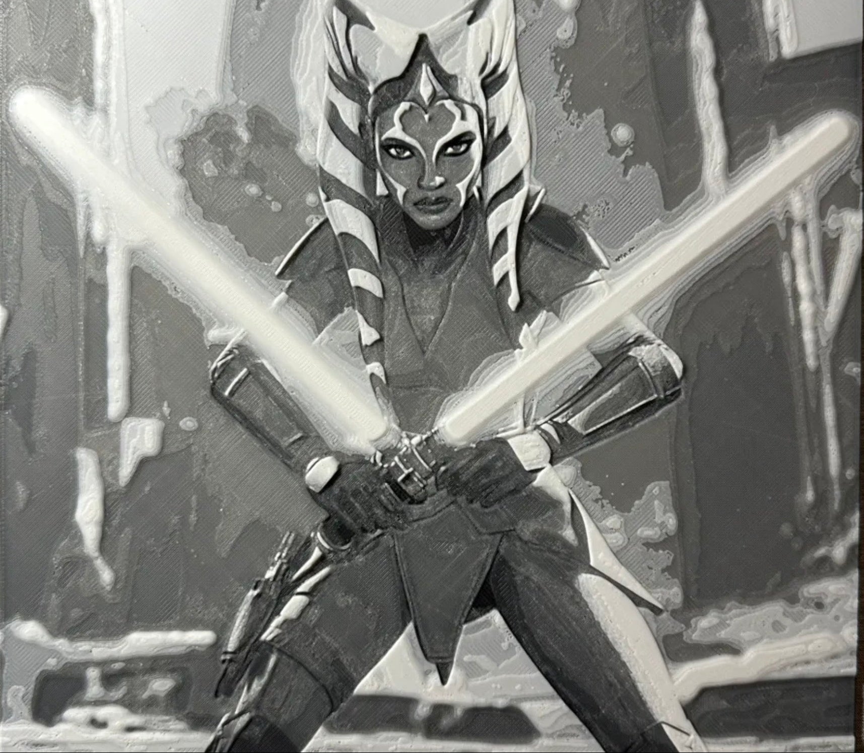 Framed 3D layered art piece featuring a sci-fi dual saber warrior in grayscale.