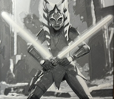 Framed 3D layered art piece featuring a sci-fi dual saber warrior in grayscale.