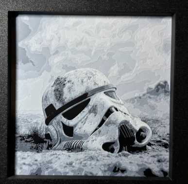 Framed 3D layered art piece featuring sci-fi helmet layered art in Heritage palette in a black frame