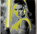 Framed 3D layered art piece featuring a striking, high-contrast stylized illustration of a determined sci-fi heroine looking over her shoulder. Vibrant, heavily textured bright yellow accents highlight her face, clothing, and a prominent vertical lightsaber blade ignited on the left side, all set against a heavily textured grayscale and black paint-splattered background.